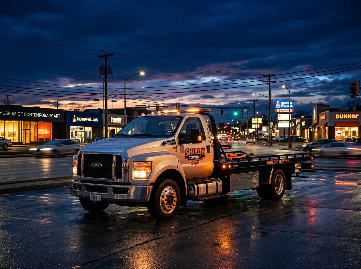 Heavy-duty Shiloh Towing flatbed truck dispatched on Chagrin Boulevard near I-271 Beachwood