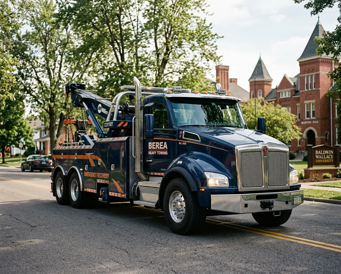 Heavy duty tow truck on duty in downtown Berea Ohio near Front Street