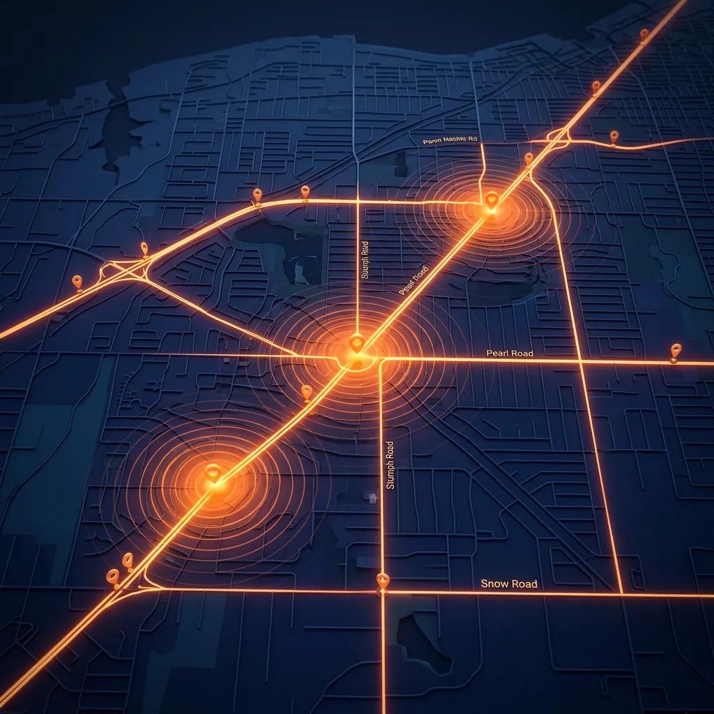 Map composite showing local dispatch zones and fast response routes across Parma Heights