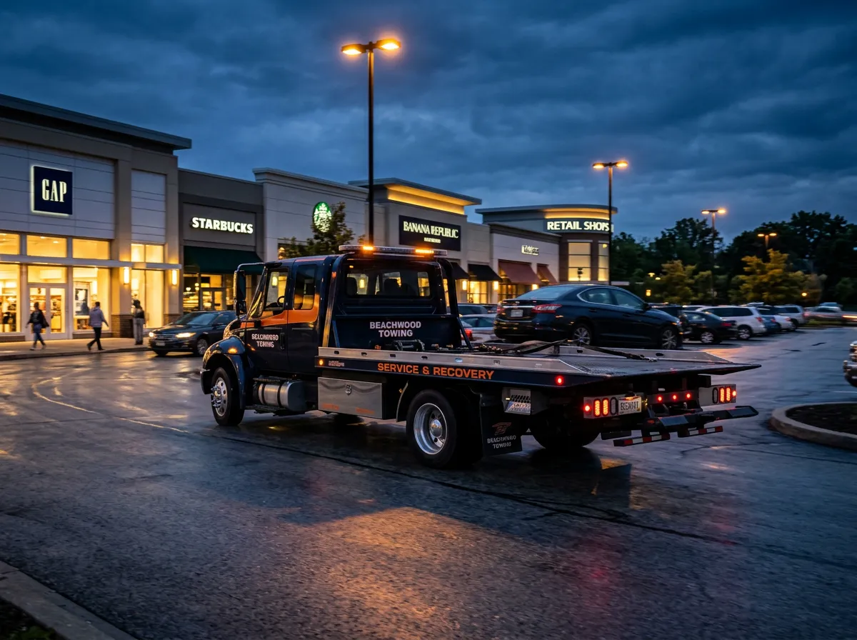 Commercial tow truck navigating Richmond Road commercial shopping plaza near Beachwood Place