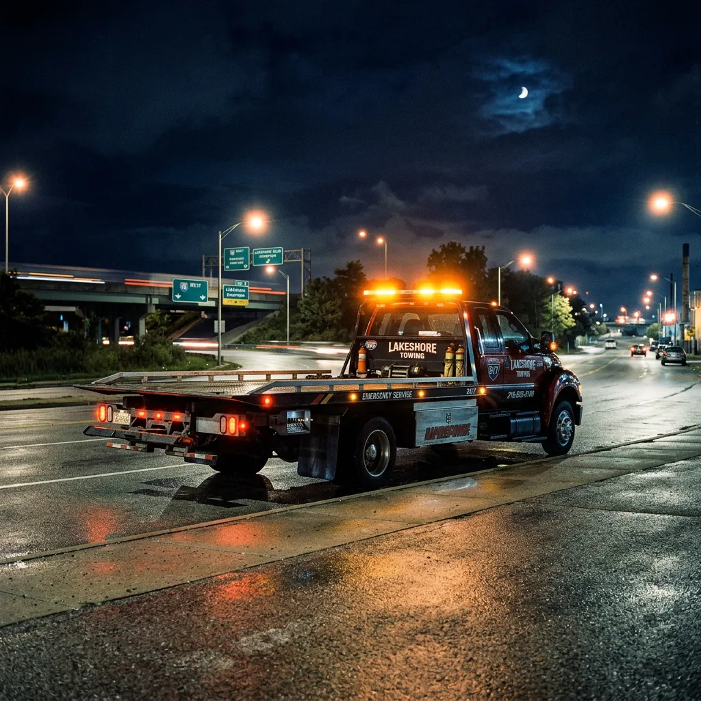 Heavy-duty flatbed tow truck providing rapid response across Bratenahl and Greater Cleveland highways