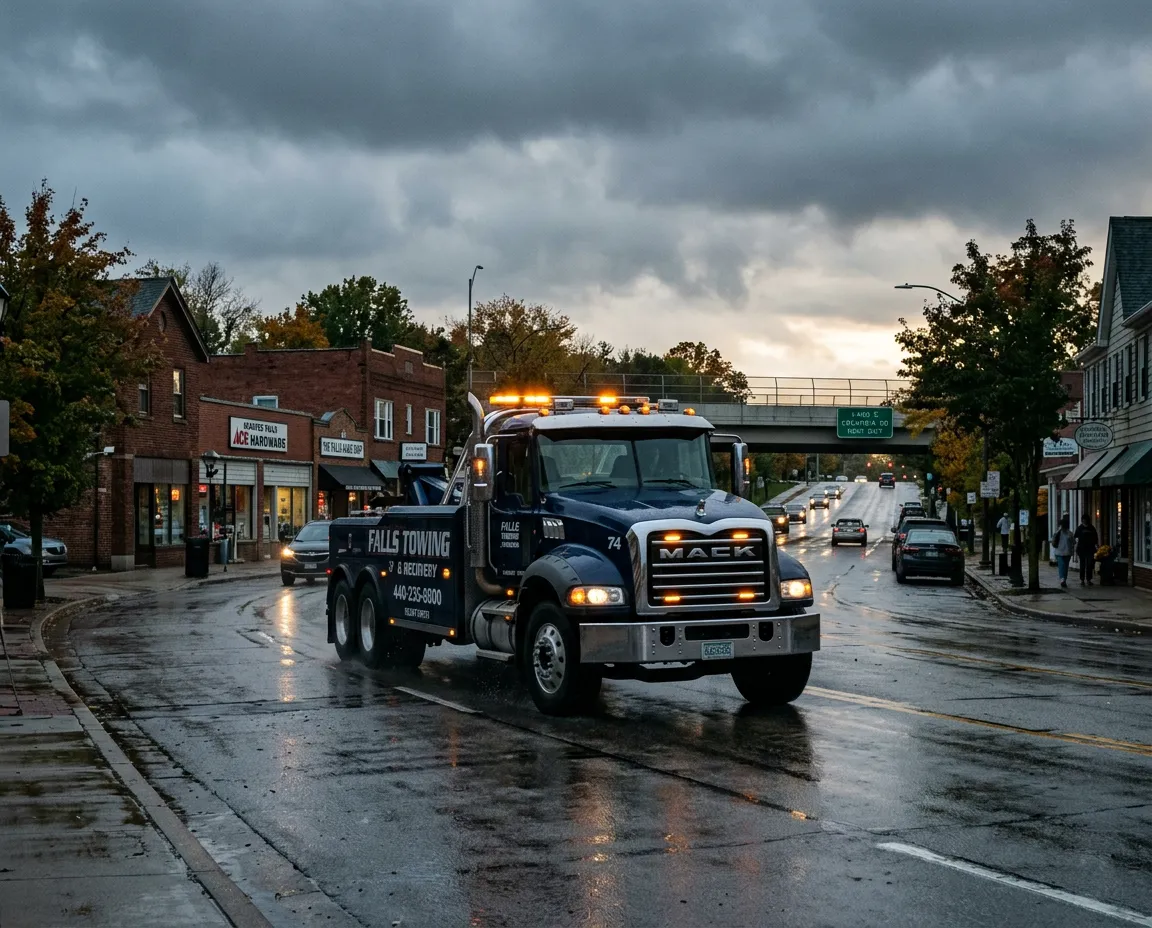 Commercial tow truck navigating a local thoroughfare in Olmsted Falls Ohio