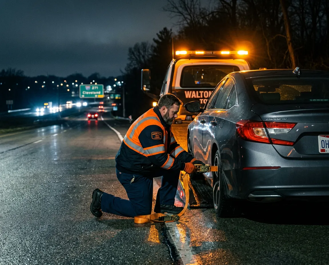 Professional tow truck operator securing a vehicle for transport in Walton Hills, Ohio