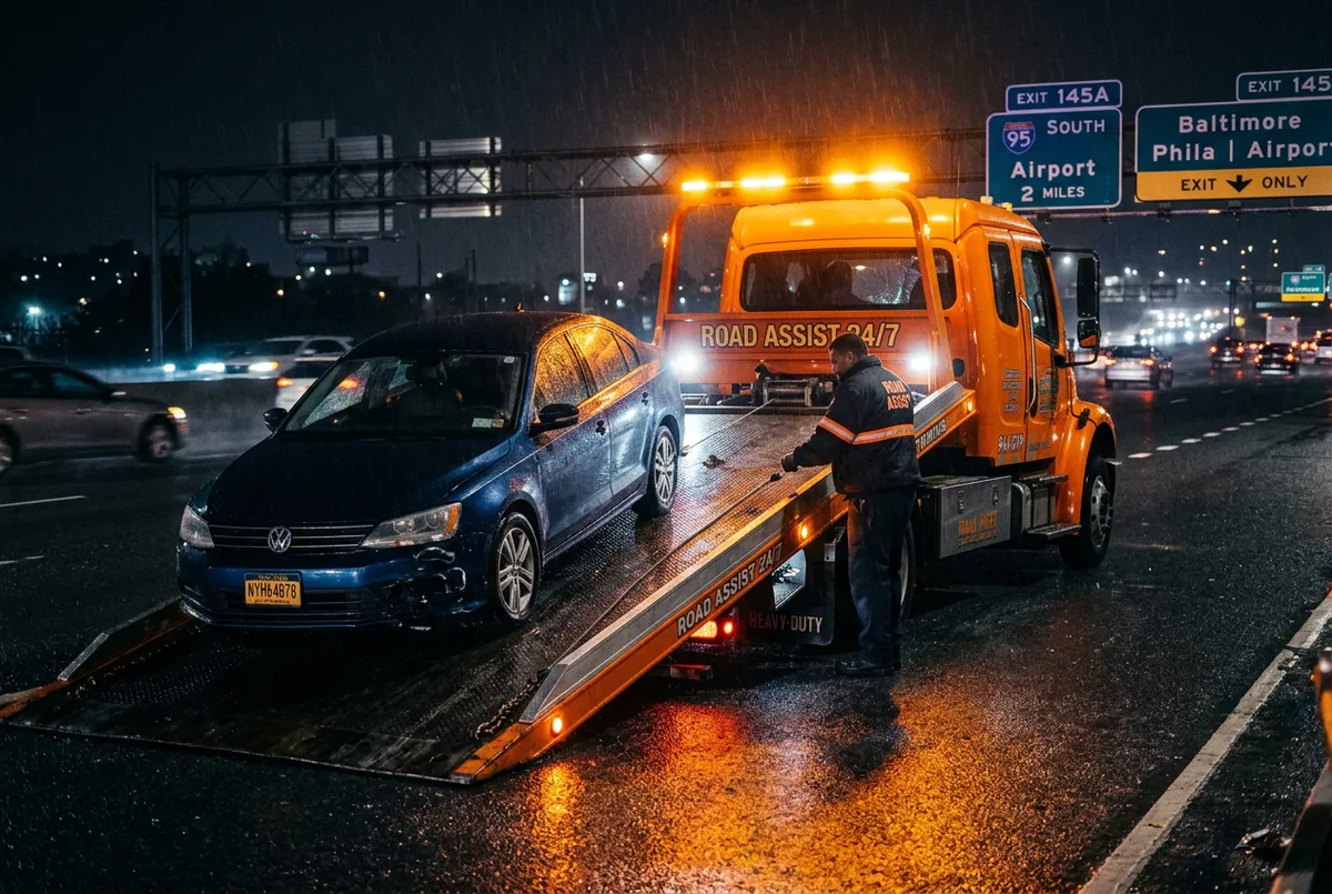 Heavy-duty orange flatbed tow truck loading a passenger vehicle in Warrensville Heights OH