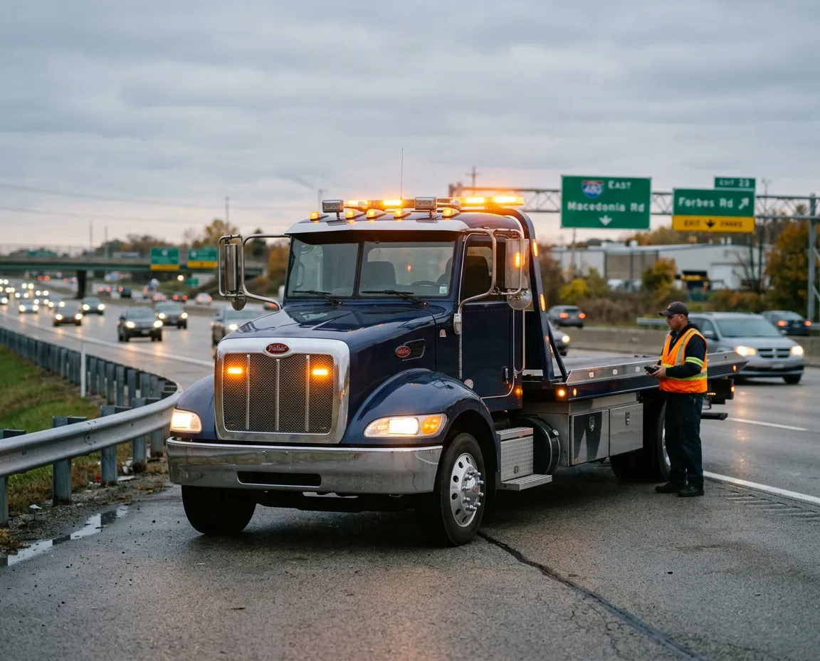 Commercial flatbed tow truck providing rapid roadside recovery near I-480 in Oakwood, Ohio
