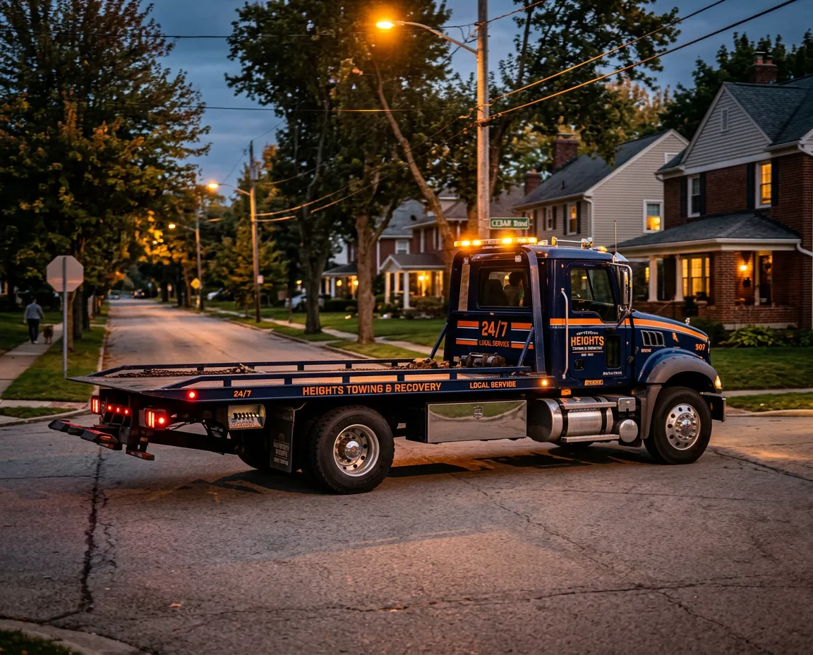 Shiloh's Towing flatbed truck operating on a University Heights suburban street near Cedar Road