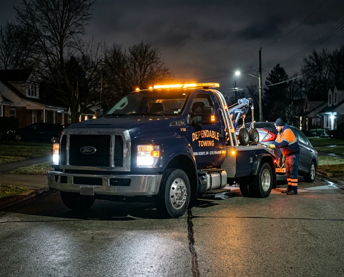 Heavy-duty modern tow truck active in Parma Heights securing roadside recovery vehicle