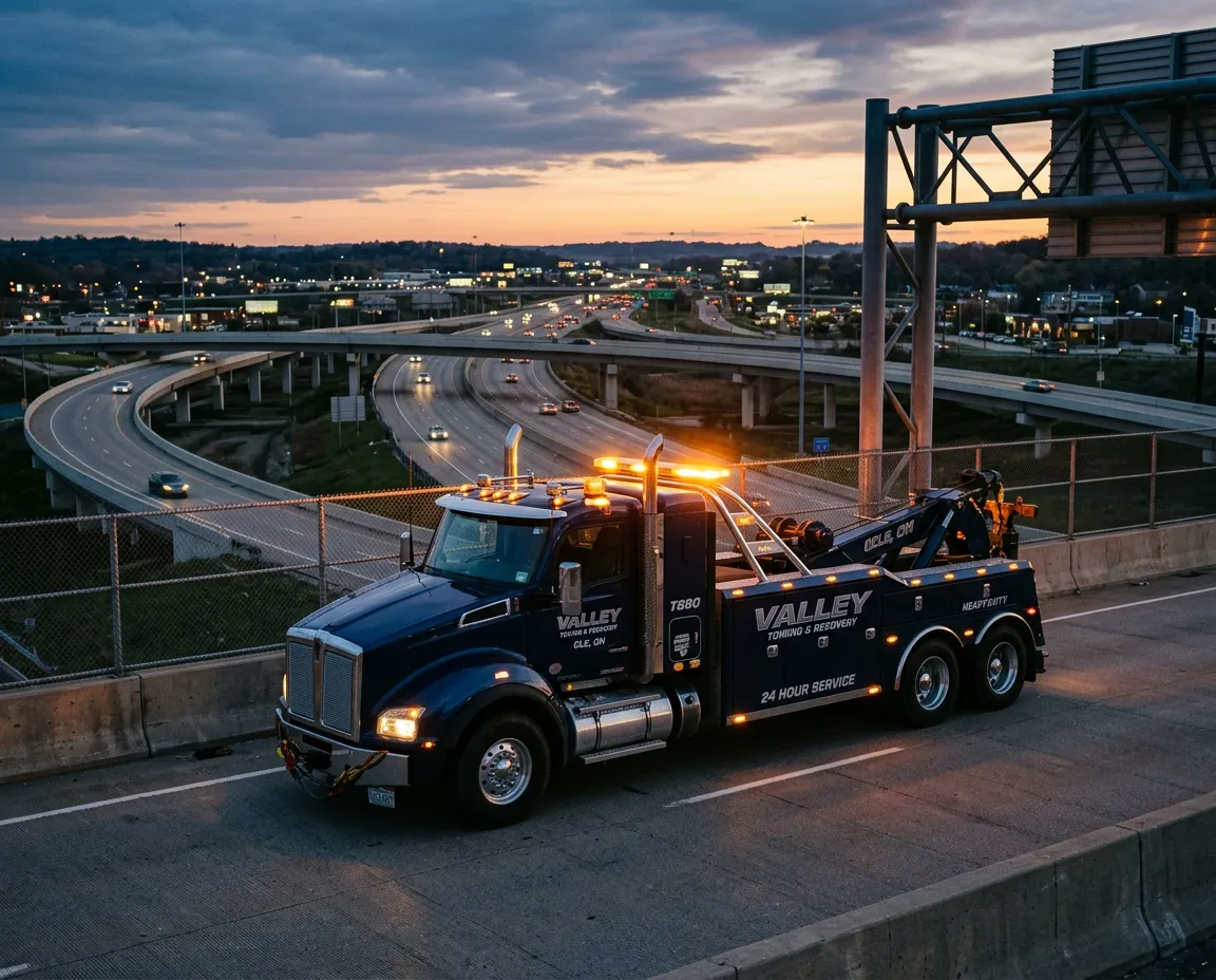 Heavy duty commercial tow truck responding on highway overpass near I-77 and I-480 interchange in Independence Ohio