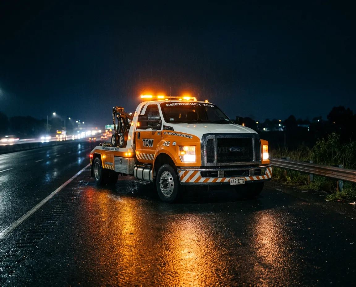 Emergency roadside tow truck dispatching on highway corridor near Cuyahoga Heights
