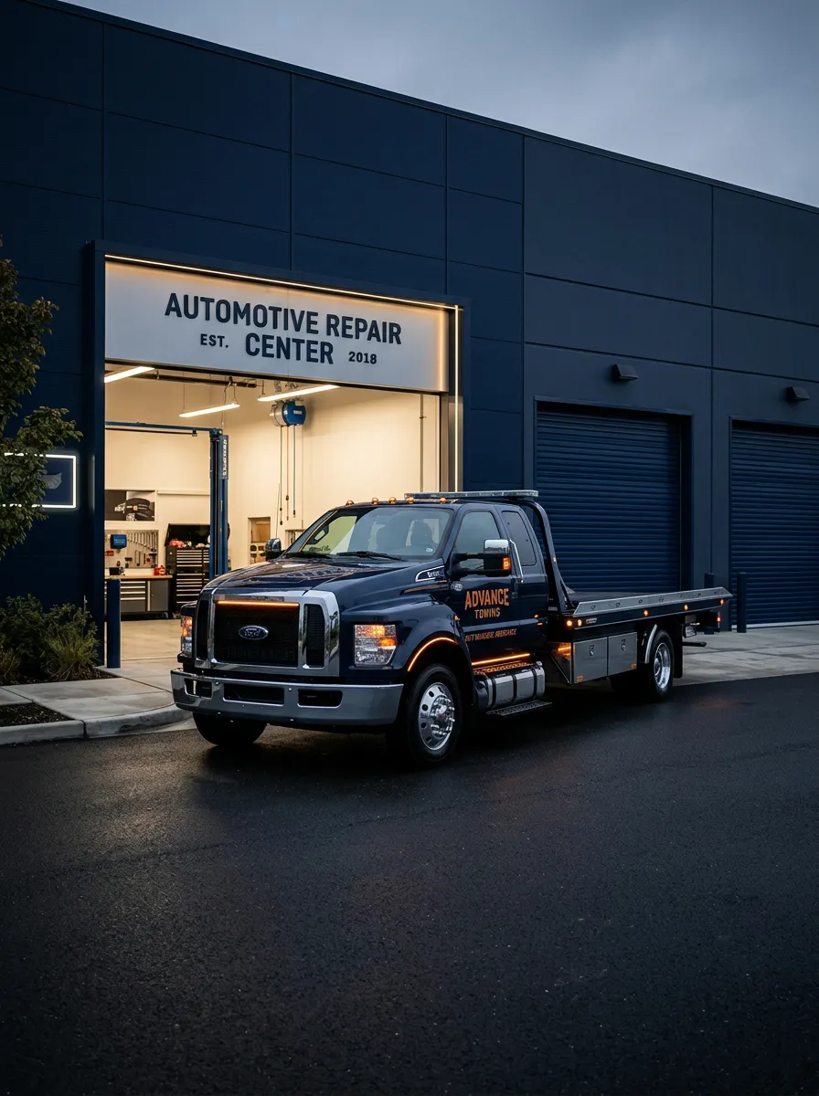 Shiloh's Towing truck delivering a recovered vehicle to Shiloh's Auto Repair facility in Cleveland