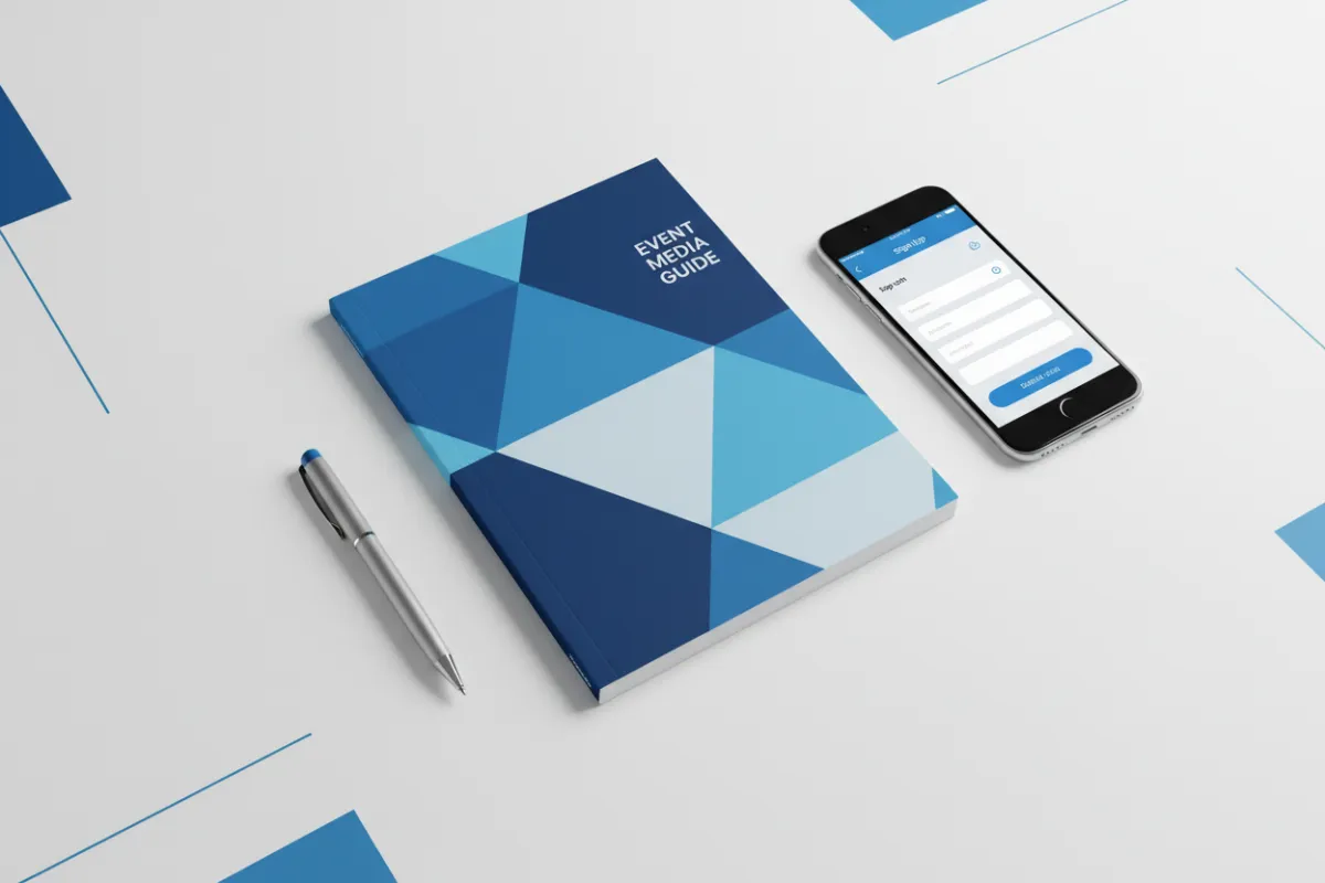 A modern flat lay photograph of a printed event media guide, a smartphone displaying a sign-up form, and a pen on a clean white desk. The composition is bright and inviting, suggesting accessibility and professionalism, with subtle blue accents matching the brand colors.