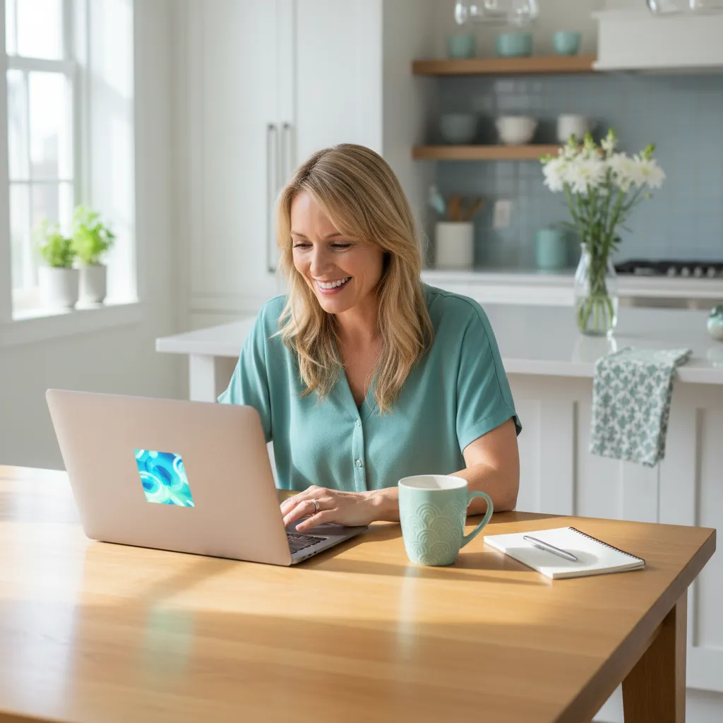 Smiling woman in her 30s using a newly revived laptop at a sunlit kitchen table, with a cup of coffee and a notepad nearby. The scene is bright, modern, and welcoming, with aqua accents and a sense of satisfaction.