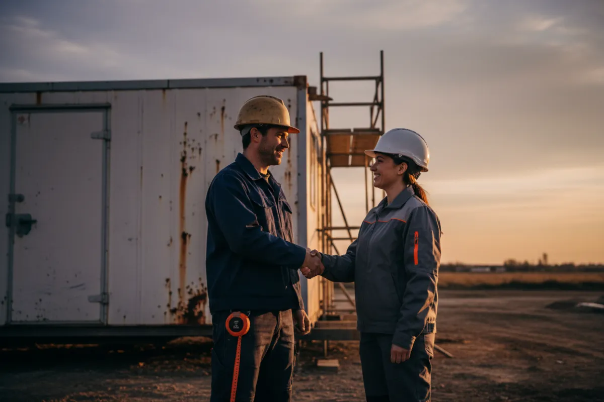 A handshake near a trailer