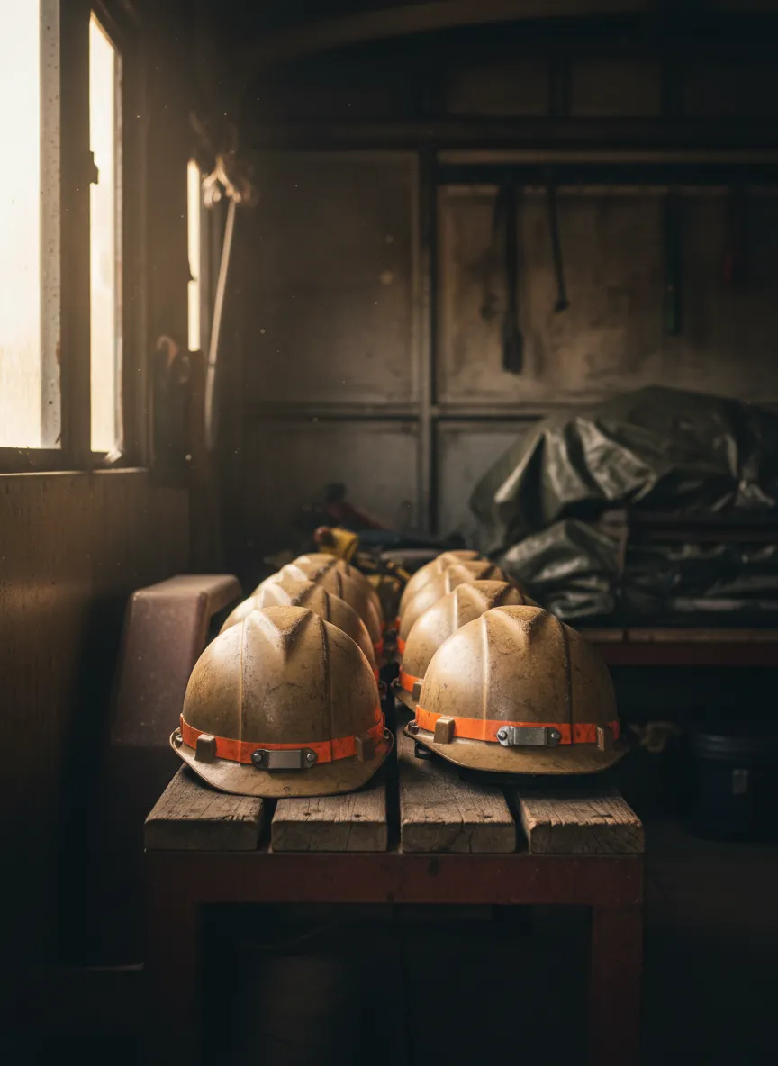 Hard hats in a trailer