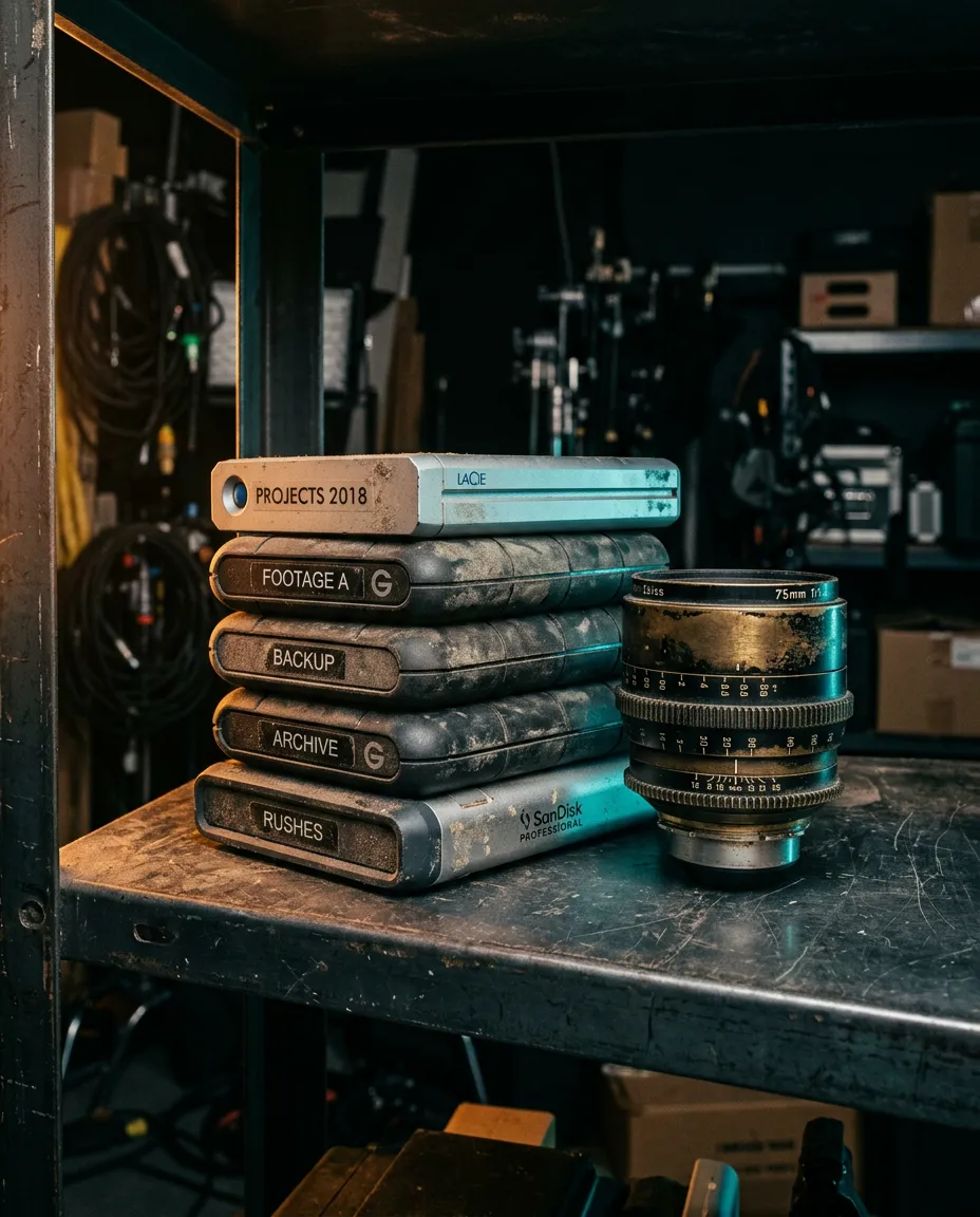 Dusty hard drives and vintage cinema lenses stacked on a dimly lit industrial studio shelf