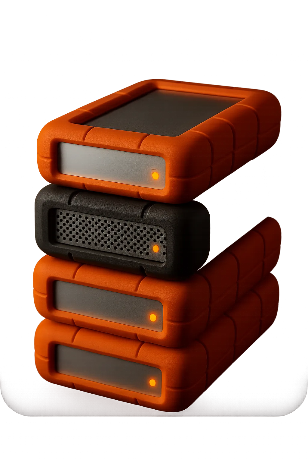 Floating stack of industrial rugged cinema hard drives with glowing telemetry