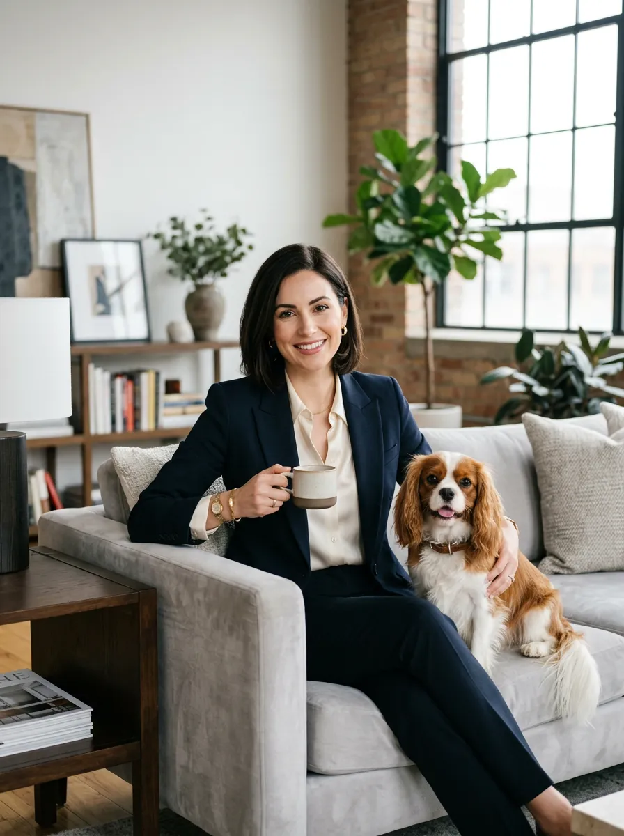 Professional woman smiling with her dog in a bright, modern interior setting