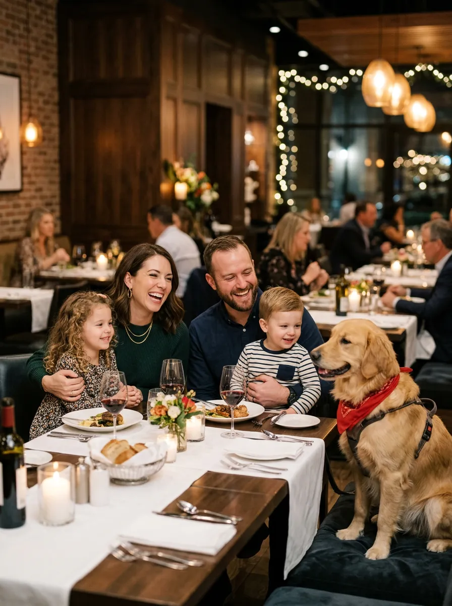 A happy family dining together on a sunny restaurant patio with their golden retriever resting contentedly beside the table
