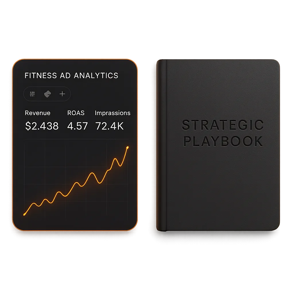 Sleek fitness ad management dashboard overlapping a hardcover strategic sales playbook mockup