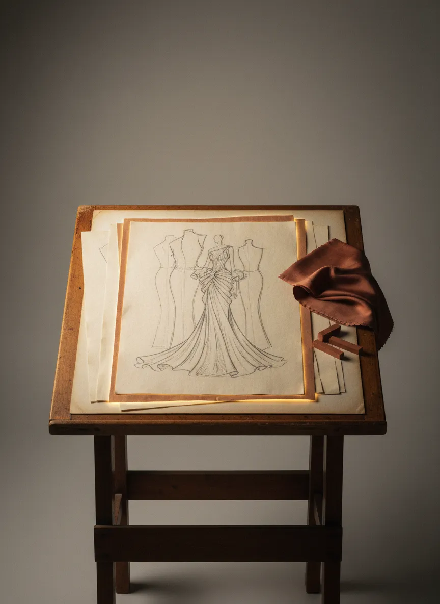Historical drafting desk overlaid with early pattern sketches