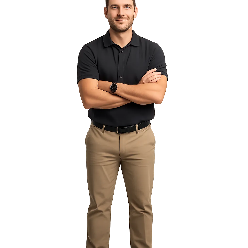 Confident coach portrait, business-casual, centered on white background