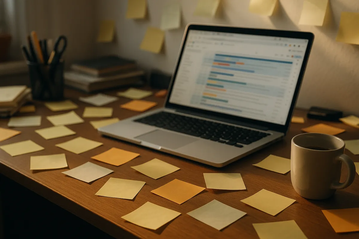 Cluttered home office with sticky notes, messy tabs, and coffee mug conveying overwhelm.
