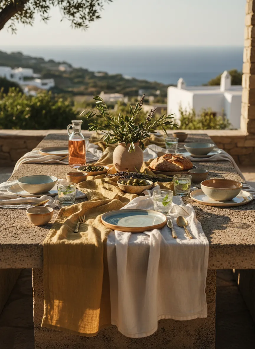 A table set for a long, unhurried lunch overlooking the Mediterranean