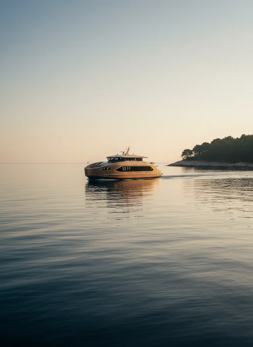 A ferry gliding across calm Adriatic waters in the early morning
