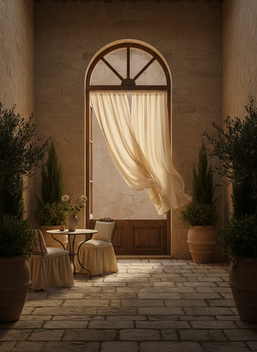 A quiet, secluded boutique villa courtyard with stone walls and warm morning light