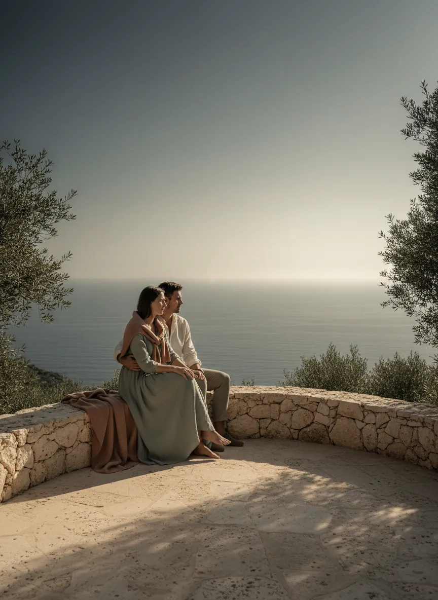A quiet, desaturated moment of a couple enjoying an intentional pause on their journey