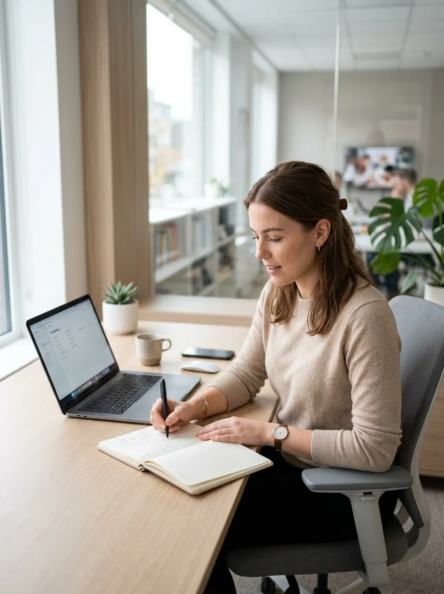 Woman sitting at a desk writing in a notebook with a laptop open next to her