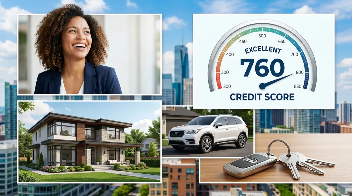 Collage featuring a smiling woman looking upward, a credit score dial showing 760, a modern house, a white SUV, and car keys. Background shows a city skyline.