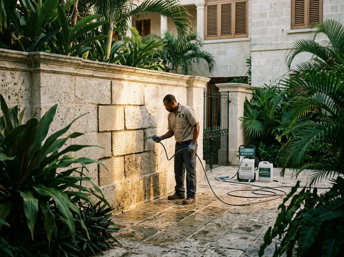 Specialized low-pressure exterior surface restoration on estate masonry