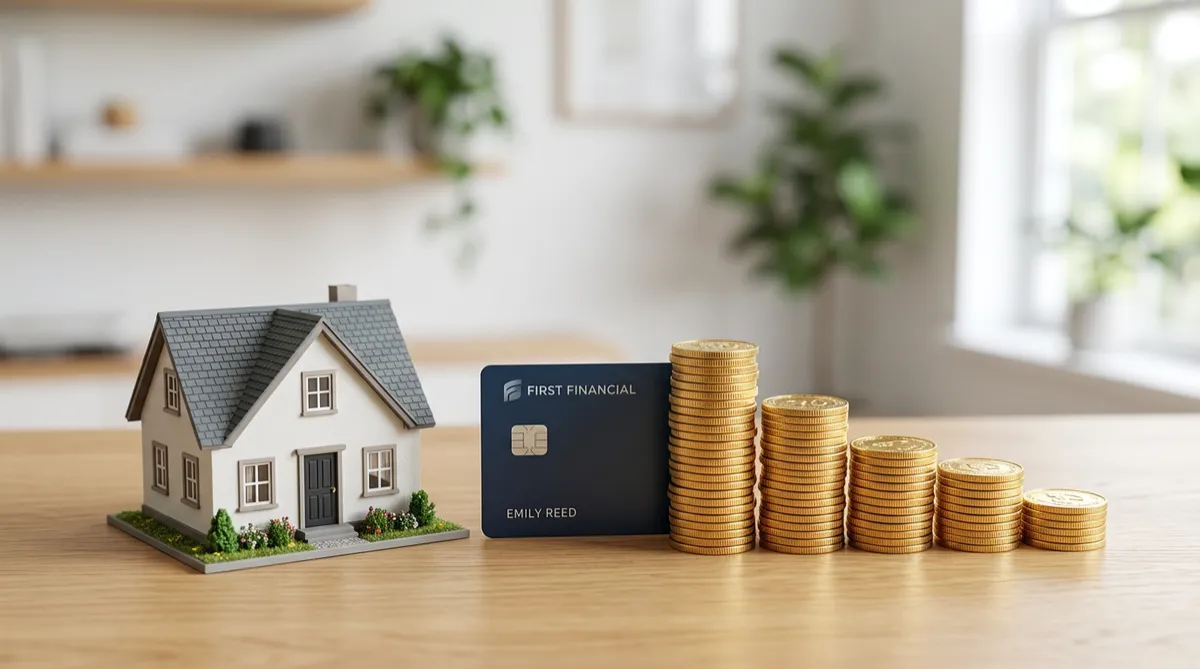 A model house next to a dark blue credit card and stacks of gold coins.