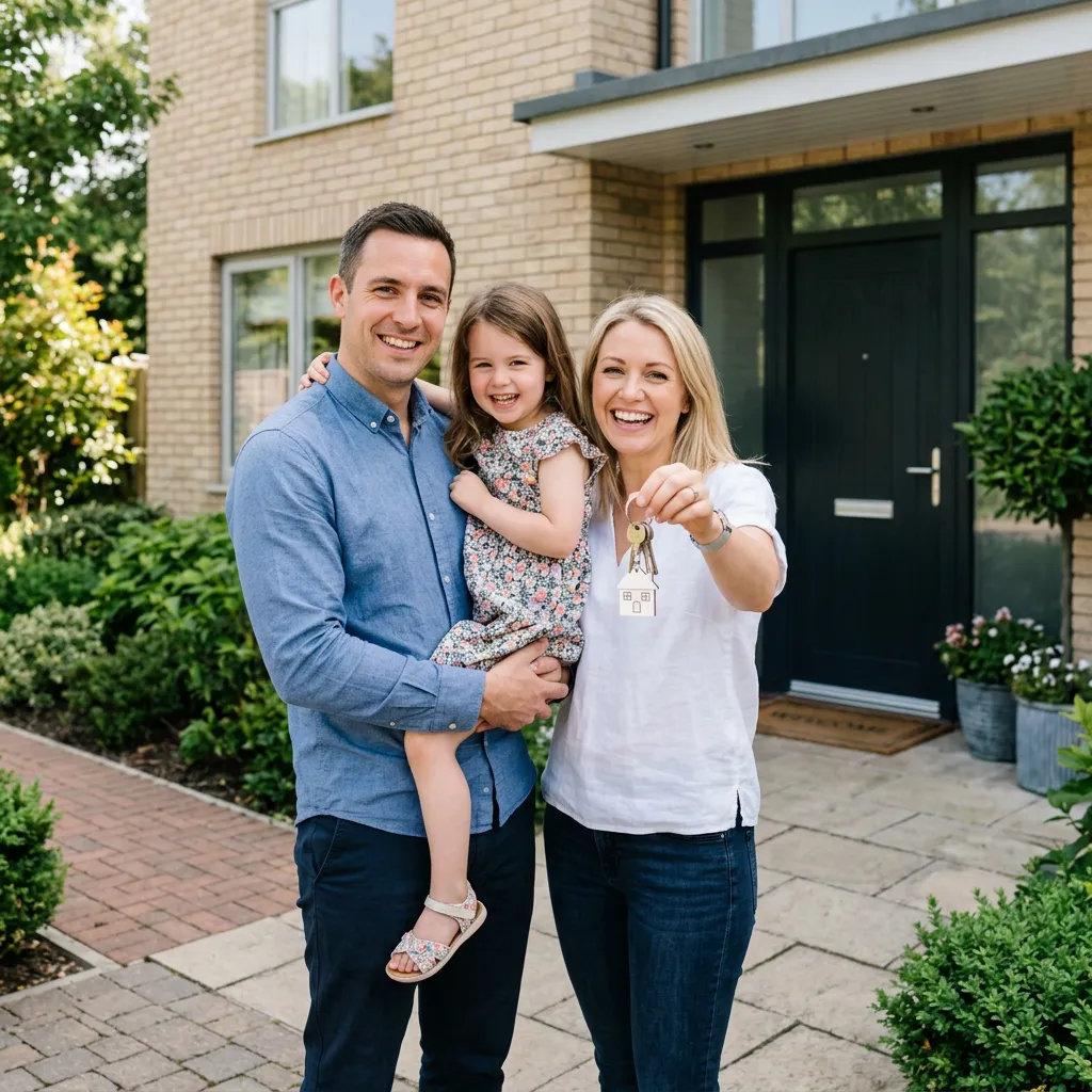 Family of three (father, mother, daughter) holding house keys with a small white house keychain.