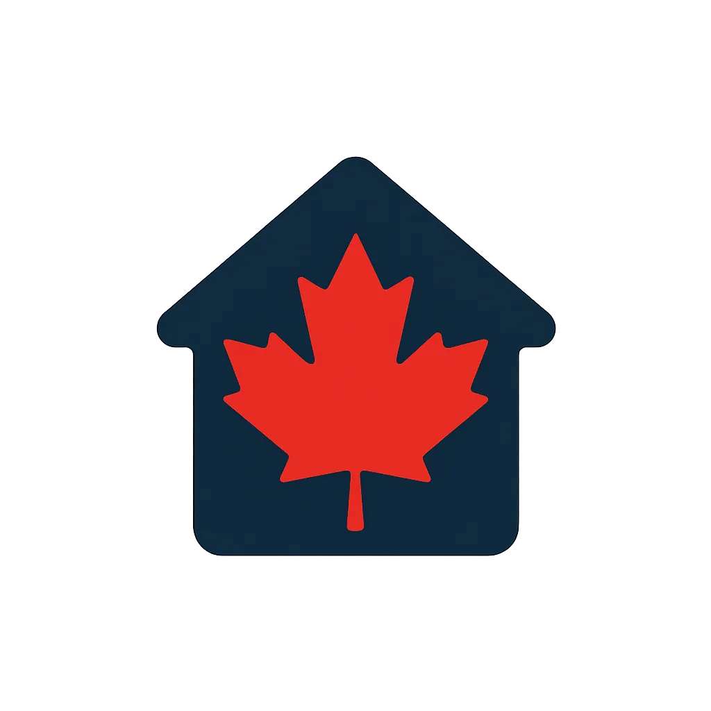 House silhouette with a red maple leaf inside, accompanied by text 'FIRST HOME CANADA' in blue and red