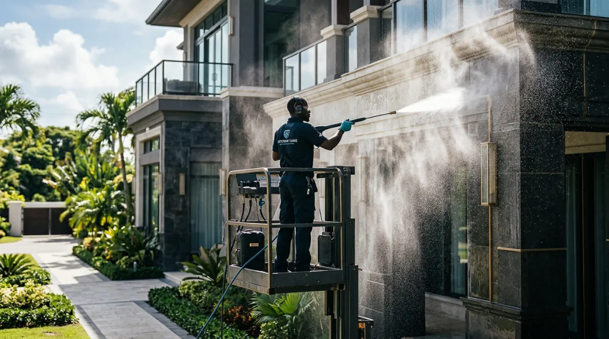 Commercial exterior pressure washing and facade soft washing in Barbados