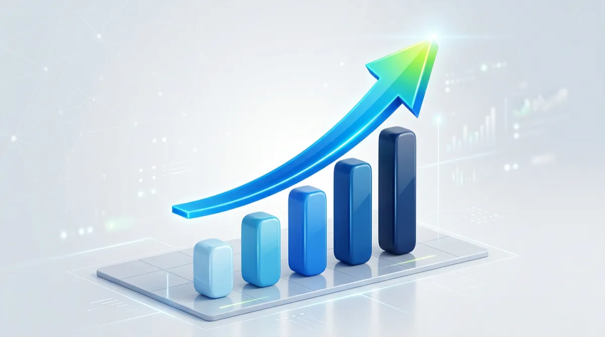 3D graphic of an arrow going upwards over a bar chart.