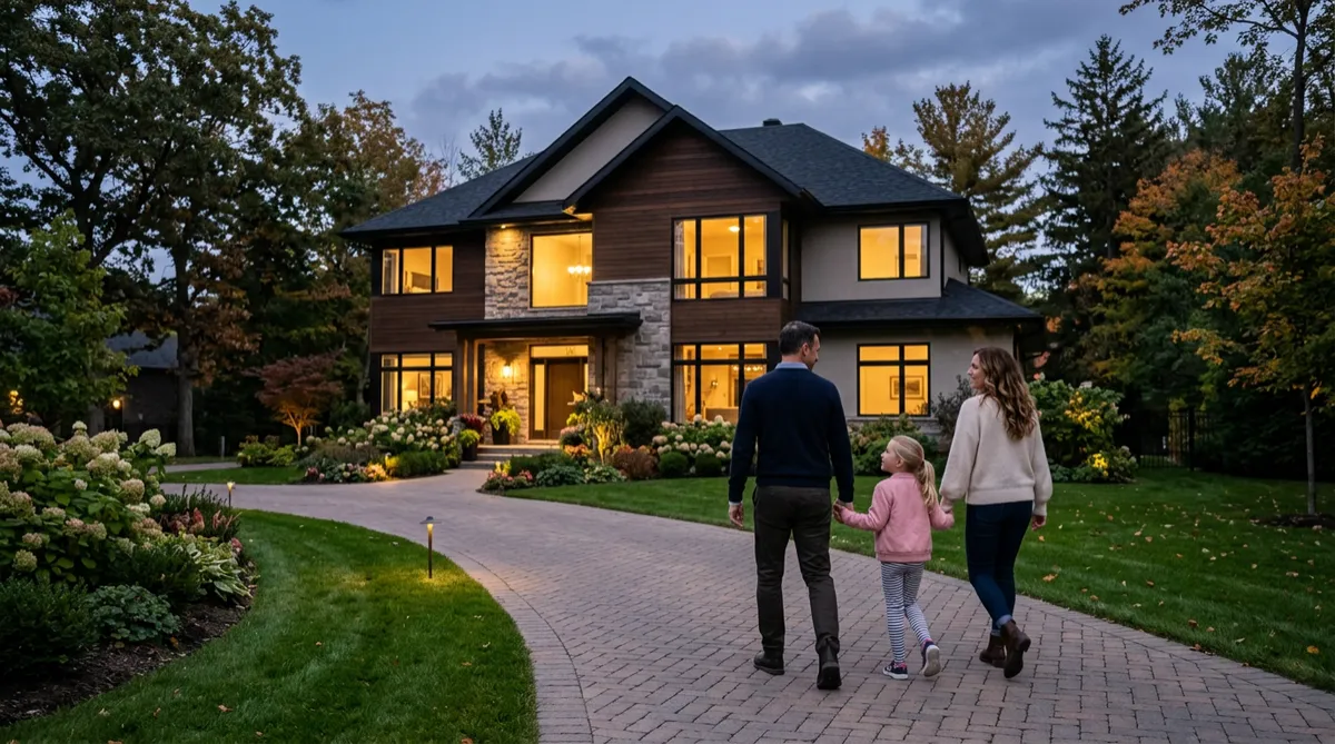 Family of three (father, mother, daughter) walking down a driveway towards a large two-story house at dusk.