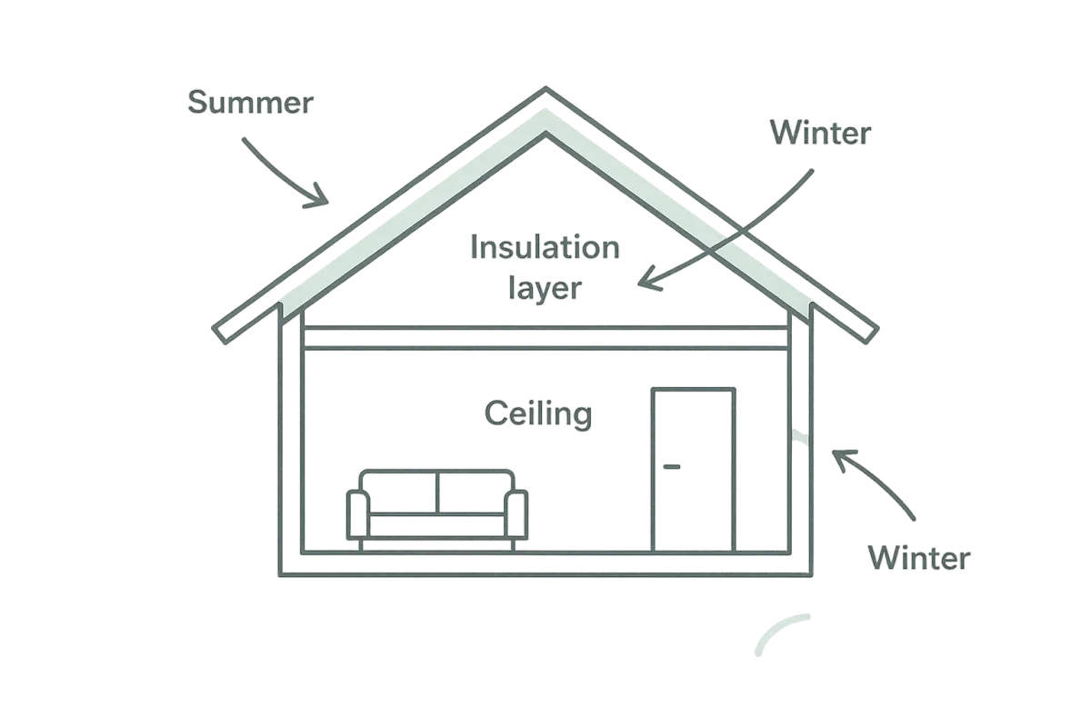 Architectural cross-section of a house showing summer and winter thermal dynamics