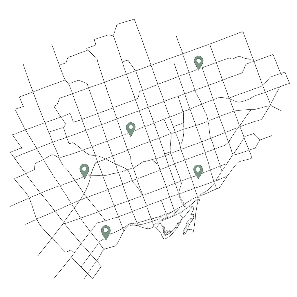 Minimalist map graphic of the Greater Toronto Area with subtle green pinpoints