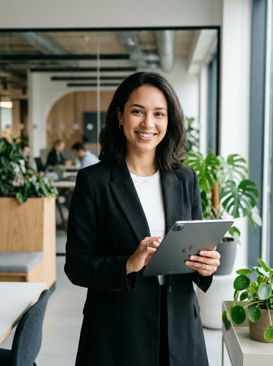 Young smiling woman in a black blazer holding a digital tablet