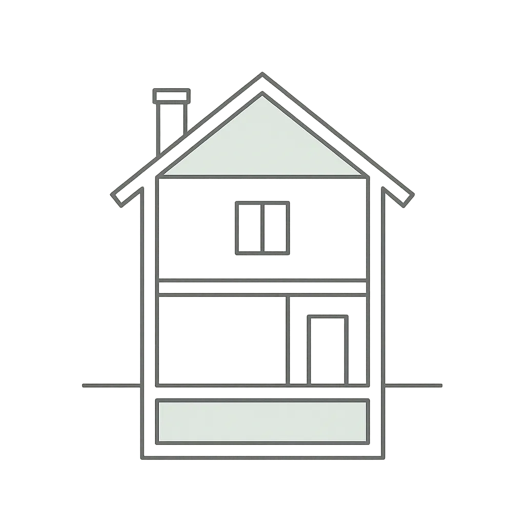 Minimal geometric line illustration of a house highlighting Attic, Walls, and Basement insulation zones in FSH Green