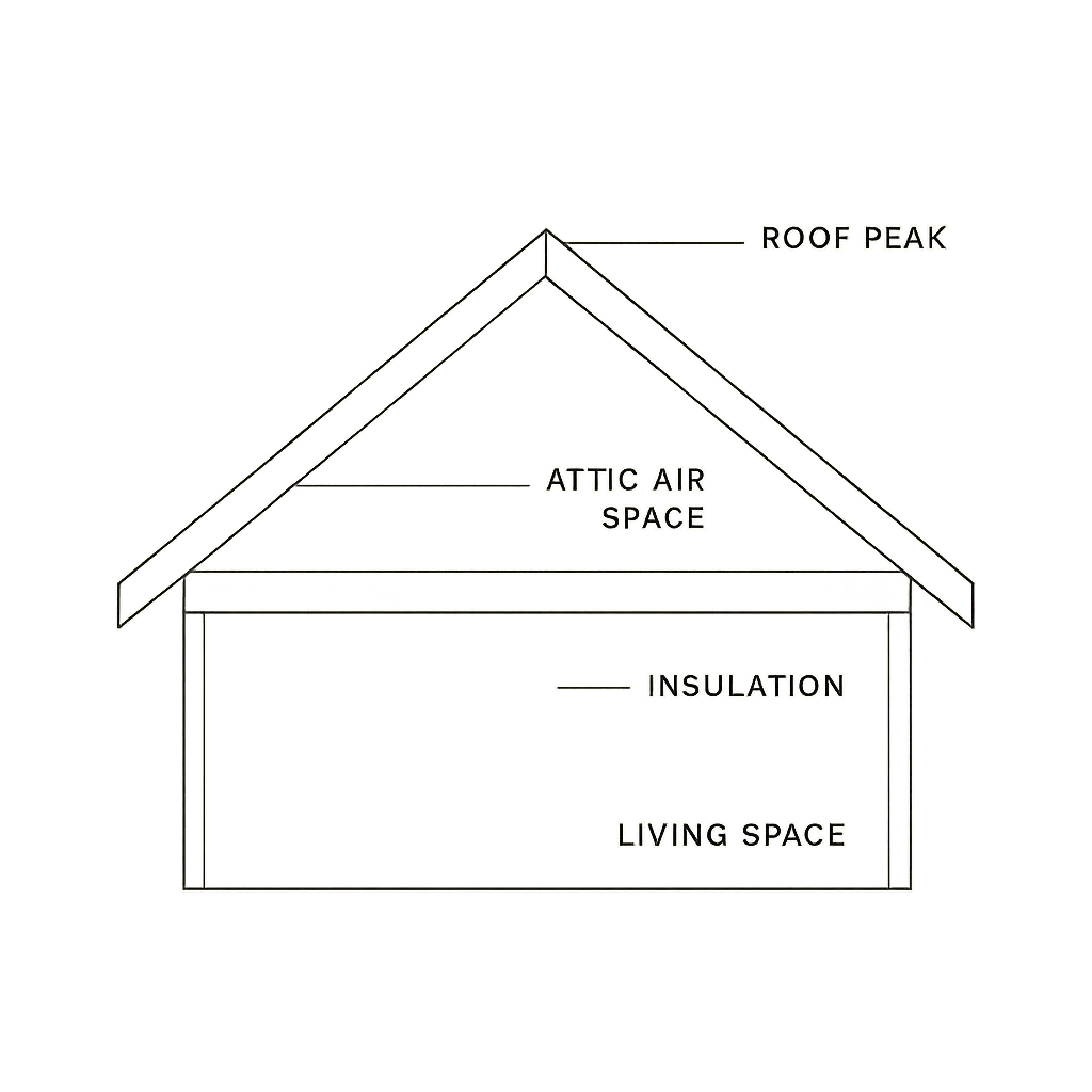 Thin 1px charcoal lines showing a roof peak, ceiling joists, and living space. A thick, textured fill in #78A92B (20% opacity) represents the insulation layer. Clean sans-serif labels with thin leader lines pointing to air space, insulation, and ceiling.