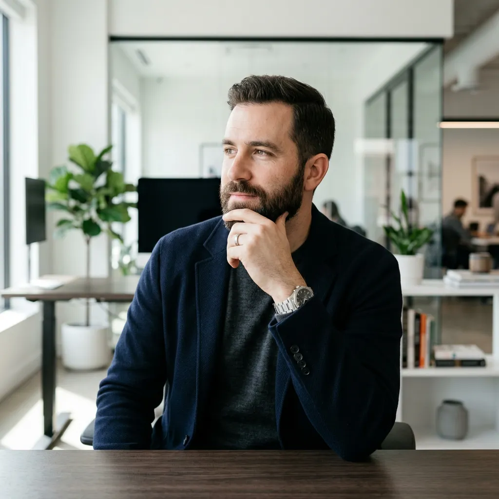 A man with a beard looking thoughtfully off-camera, resting his chin on his hand.