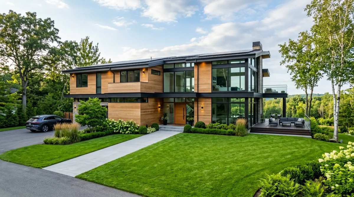 A large modern house with a green lawn.
