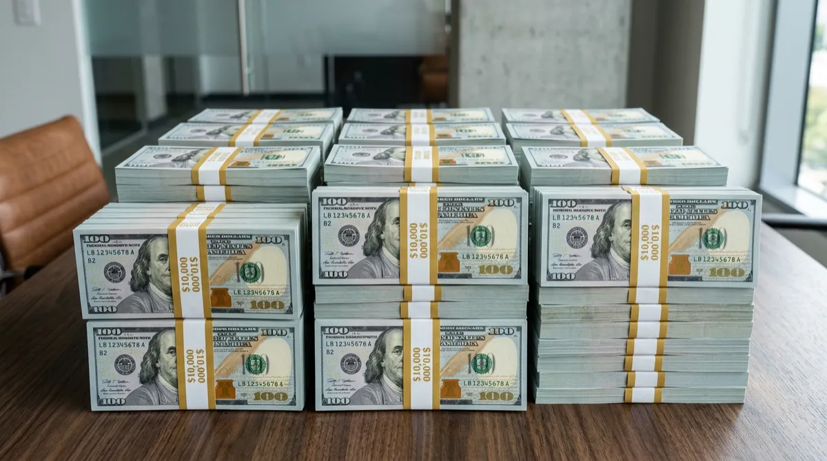 Stacks of one hundred dollar bills.