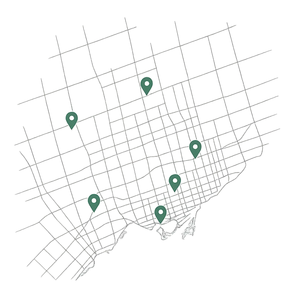 Minimal map illustration of the Greater Toronto Area with location markers
