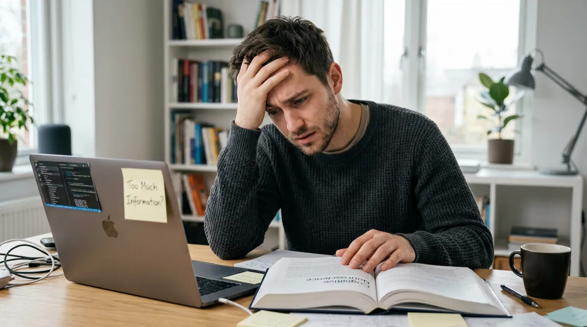 Frustrated man looking down at a textbook and laptop on a desk, with a sticky note saying 'Too Much Information?'