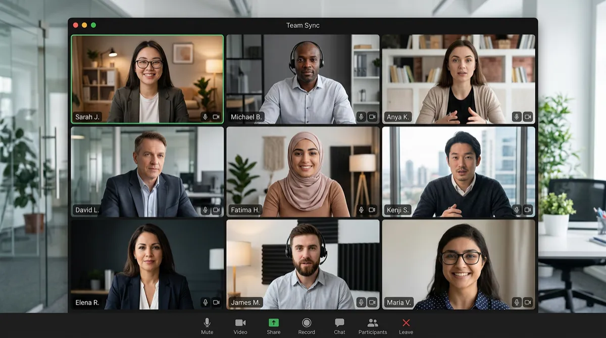 Screenshot of a video conference call with nine participants in a grid layout